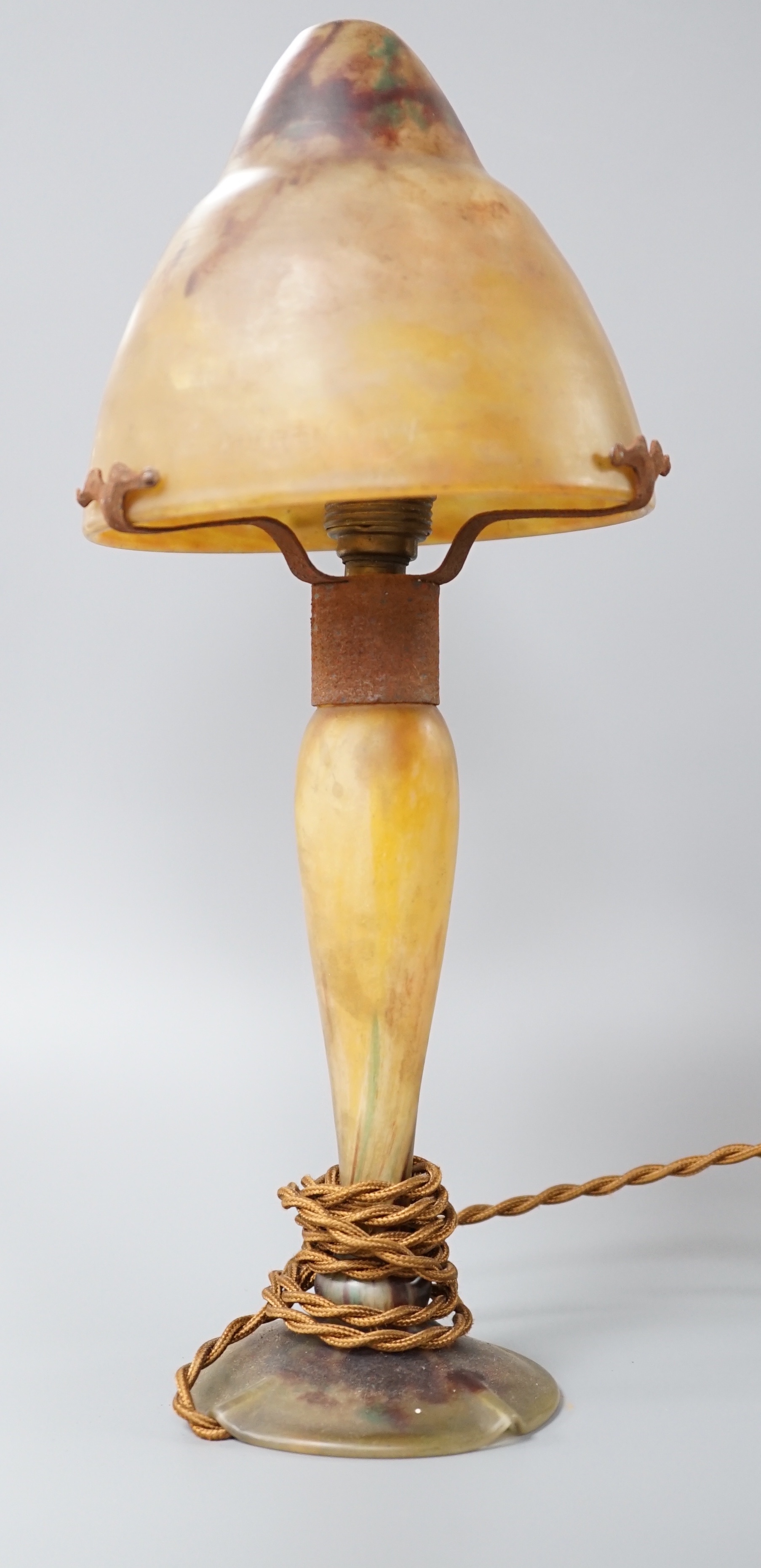 A Daum, Nancy mottled glass mushroom lamp, height 32cm.